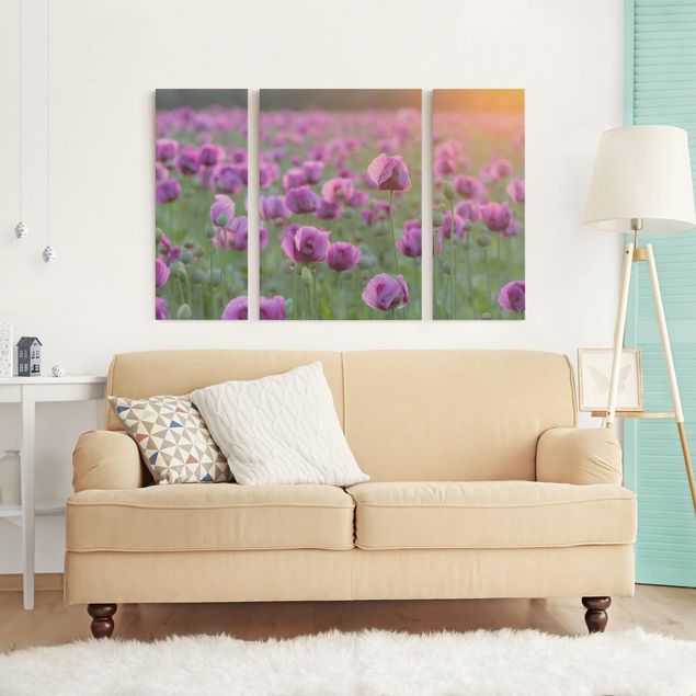 Leinwandbild 3-teilig - Violette Schlafmohn Blumenwiese im Frühling - Triptychon