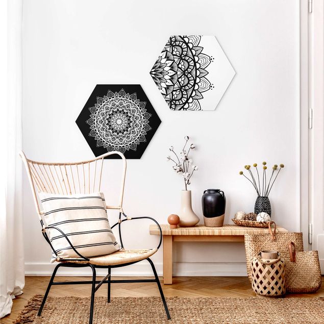 Hexagon Bild Forex 2-teilig - Mandala Illustration shabby Set schwarz weiß