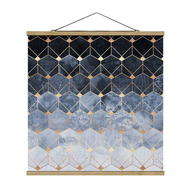 Stoffbild mit Posterleisten - Elisabeth Fredriksson - Blaue Geometrie goldenes Art Deco - Quadrat 1:1