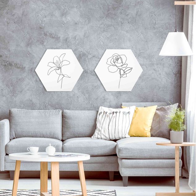 Hexagon Bild Forex 2-teilig - Line Art Blüten Schwarz Weiß Set