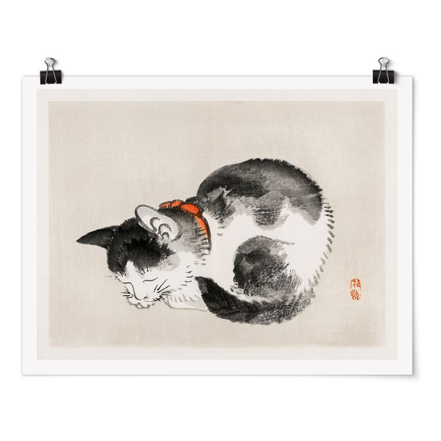 Poster - Asiatische Vintage Zeichnung Schlafende Katze - Querformat 3:4