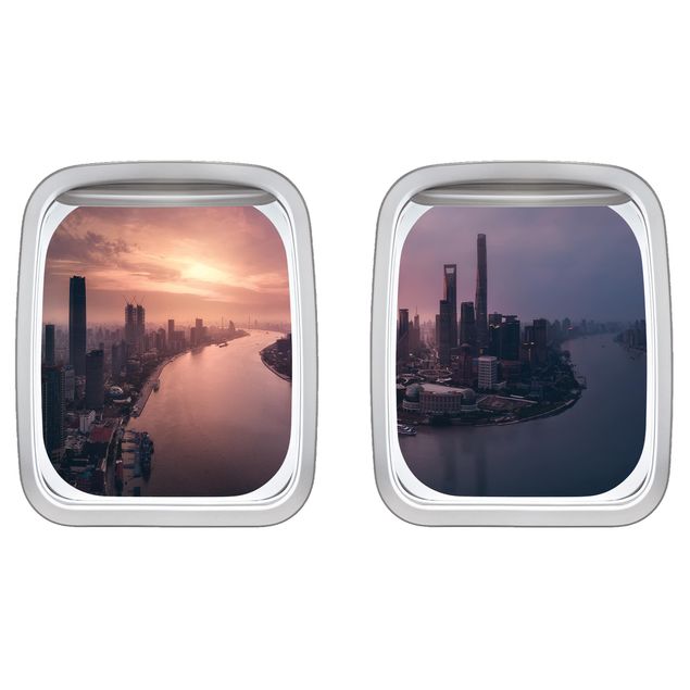 3D Wandsticker Doppelfenster Flugzeug Sonnenaufgang in Shanghai