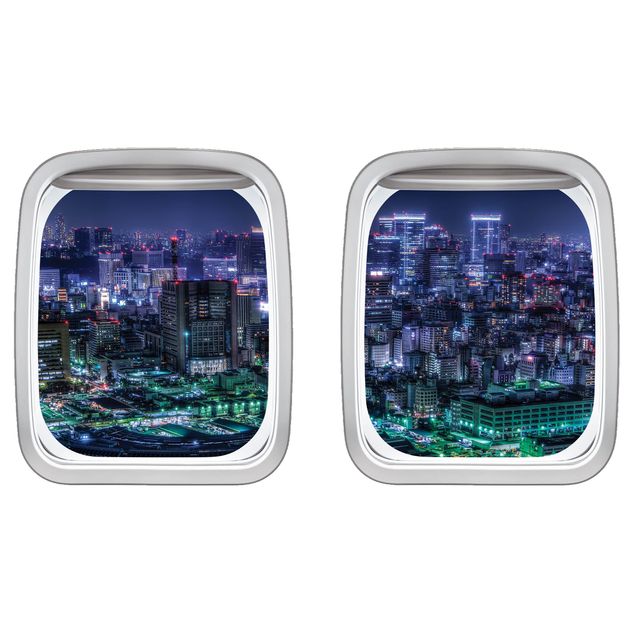 3D Wandtattoo Doppelfenster Flugzeug Tokio bei Nacht