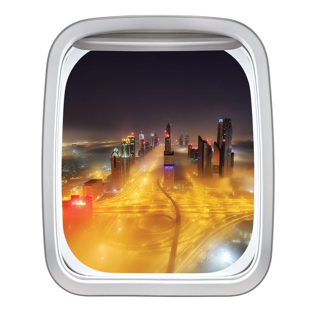 3D Wandsticker Fenster Flugzeug Dubai bei Nacht im Nebel