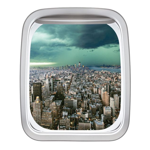 Wandtattoo 3D Fenster Flugzeug Skyline New York im Gewitter