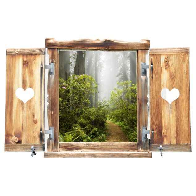 Wandtattoo Fenster mit Herz Nebliger Waldpfad
