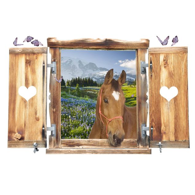Wandtattoo 3D Fenster mit Herz und Pferd Bergwiese mit Blumen