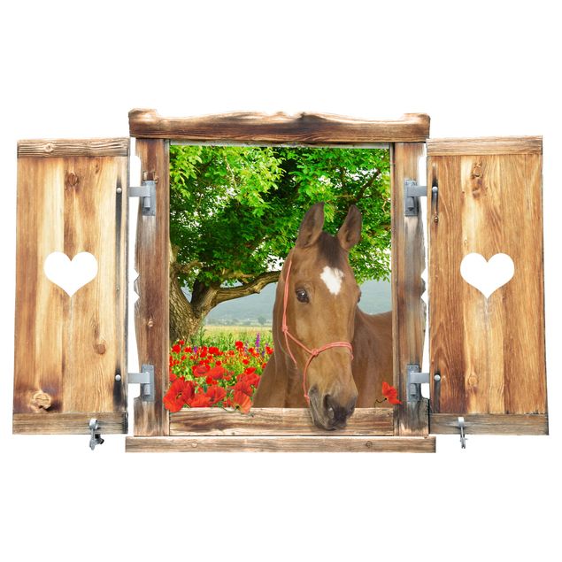 Wandsticker Blumen Fenster mit Herz und Pferd Sommerwiese