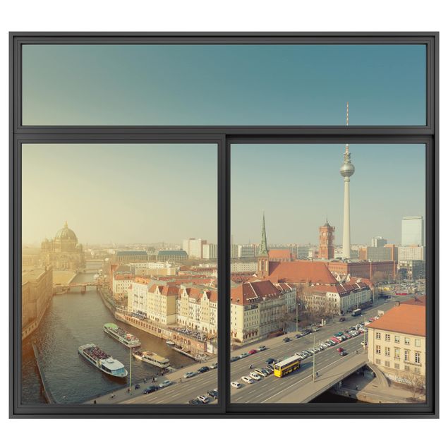 3D Wandsticker Fenster Schwarz Berlin am Morgen
