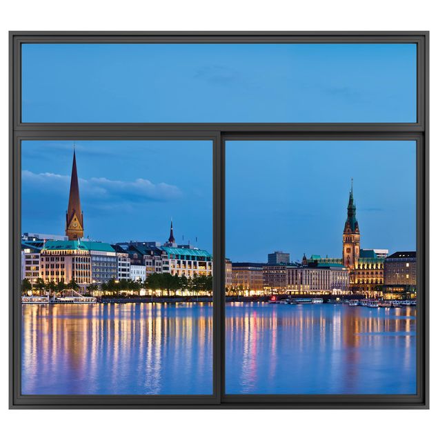 Wandtattoo 3D Fenster Schwarz Hamburg Skyline