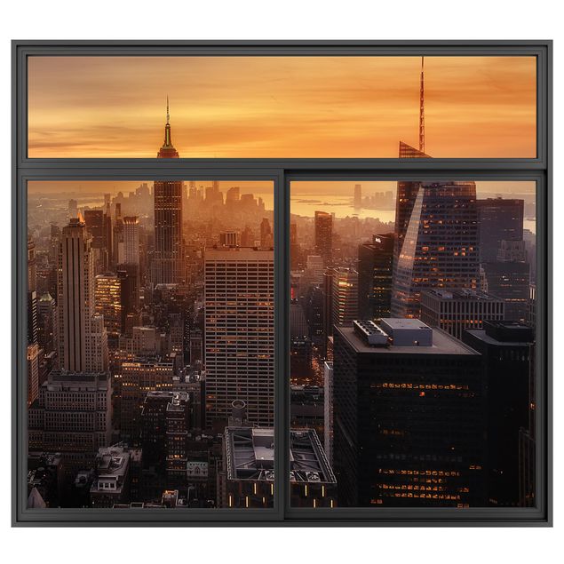 3D Wandtattoo Fenster Schwarz Manhattan Skyline Abendstimmung