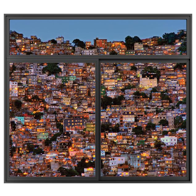 3D Wandtattoo Fenster Schwarz Rio de Janeiro Favela Sonnenuntergang