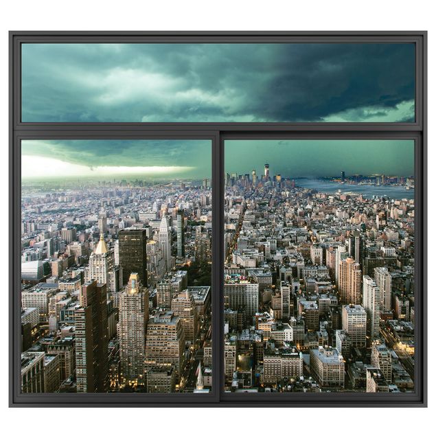 3D Wandsticker Fenster Schwarz Skyline New York im Gewitter