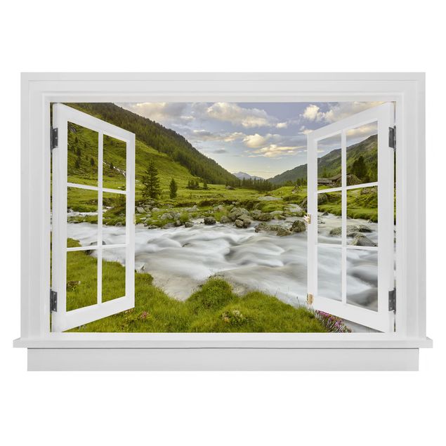 3D Wandtattoo - Offenes Fenster Alpenwiese Tirol