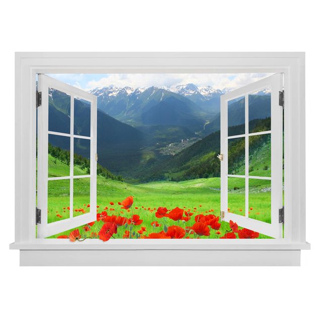Wandtattoo Natur Offenes Fenster Alpenwiese und Mohn
