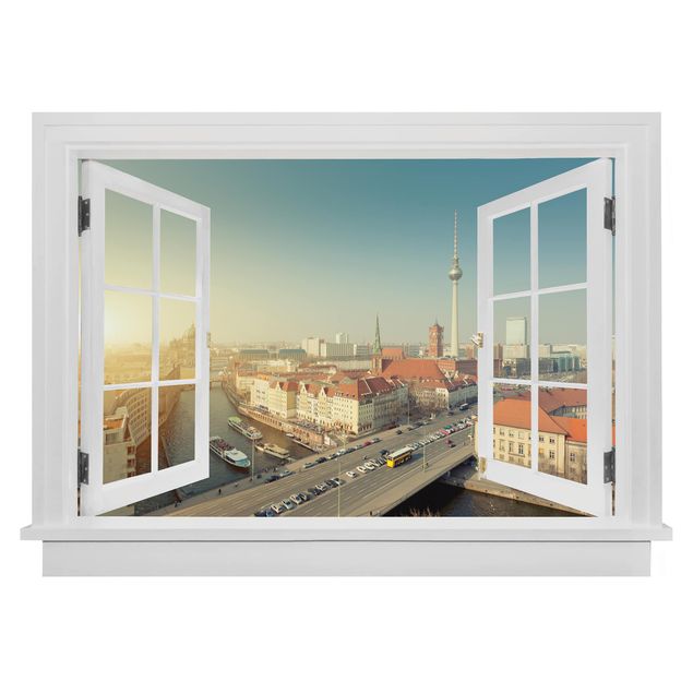 3D Wandsticker Offenes Fenster Berlin am Morgen