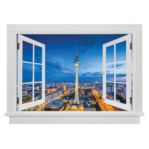 Wandtattoo 3D Offenes Fenster Berlin Skyline bei Nacht mit Fernsehturm