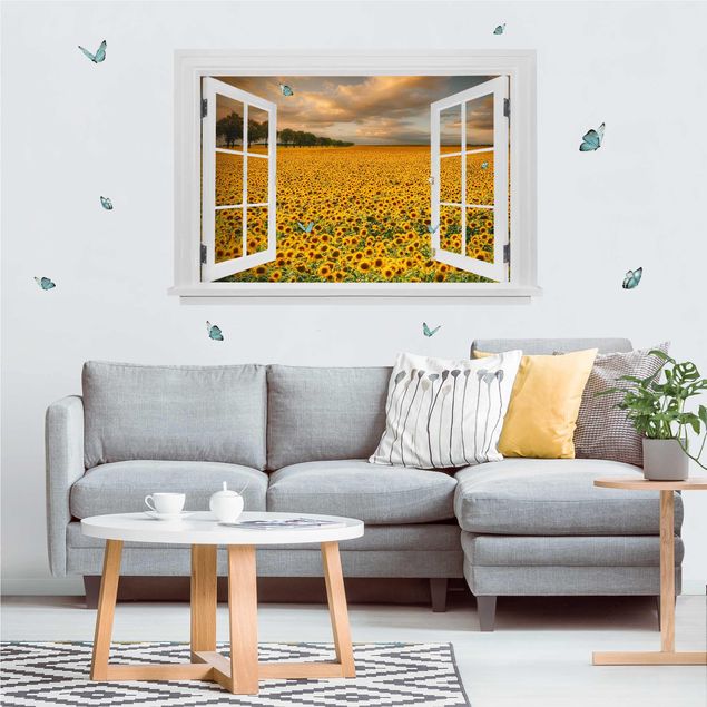 Wandtattoo 3D Offenes Fenster Feld mit Sonnenblumen