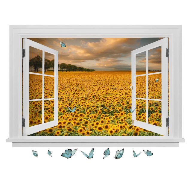 Natur Wandtattoo Offenes Fenster Feld mit Sonnenblumen