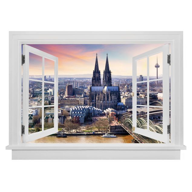 3D Wandsticker Offenes Fenster Köln Skyline mit Dom