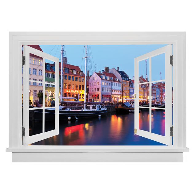 3D Wandtattoo Offenes Fenster Kopenhagener Hafen am Abend