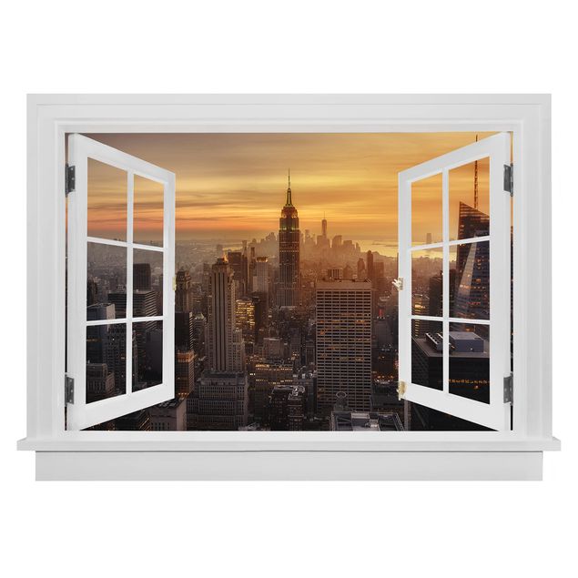 3D Wandtattoo Offenes Fenster Manhattan Skyline Abendstimmung