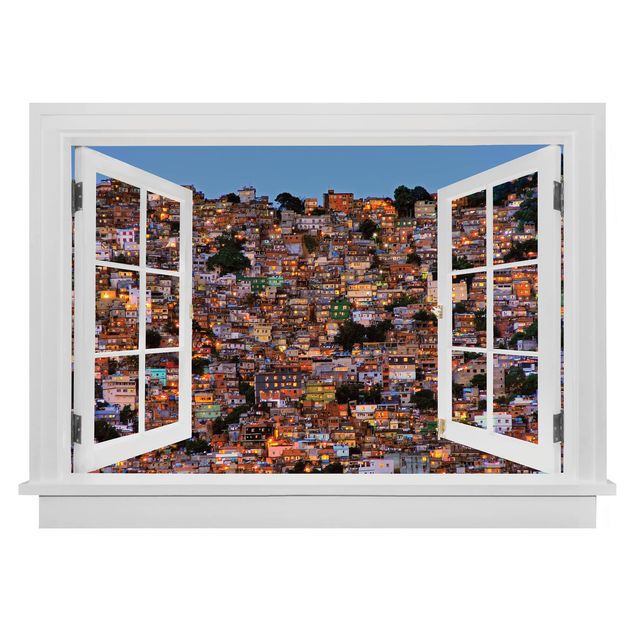 3D Wandtattoo Offenes Fenster Rio de Janeiro Favela Sonnenuntergang
