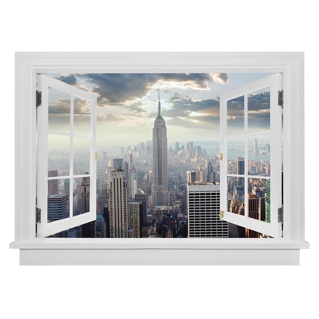 Wandtattoo 3D Offenes Fenster Sonnenaufgang in New York