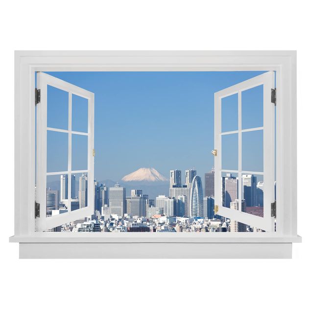 Wandtattoo 3D Offenes Fenster Tokio vor dem Mount Fuji