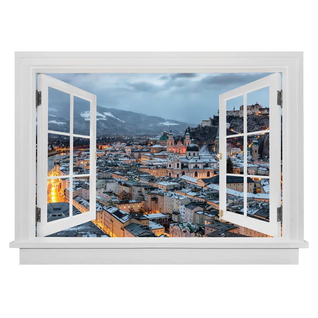3D Wandtattoo Offenes Fenster Verschneites Salzburg