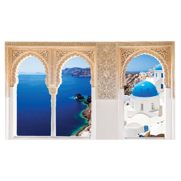 Autocolantes de parede metrópoles Verzierte Fenster View Over Santorini