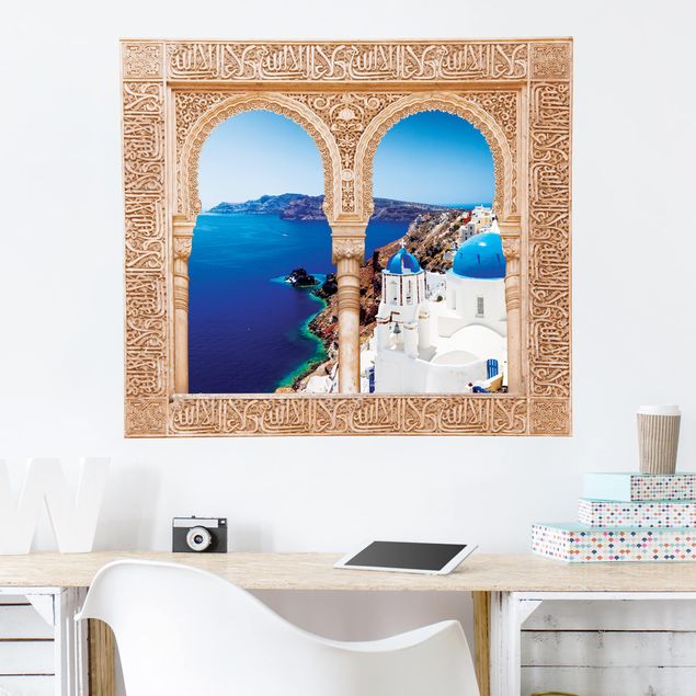 Autocolantes de parede Ilhas Verziertes Fenster View Over Santorini