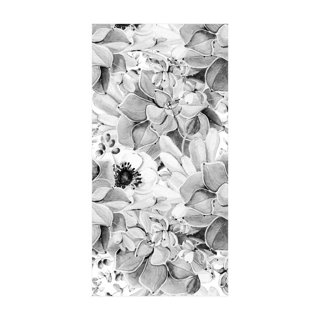 Teppich Esszimmer Aquarell Sukkulente mit Blüte in Schwarz Weiß