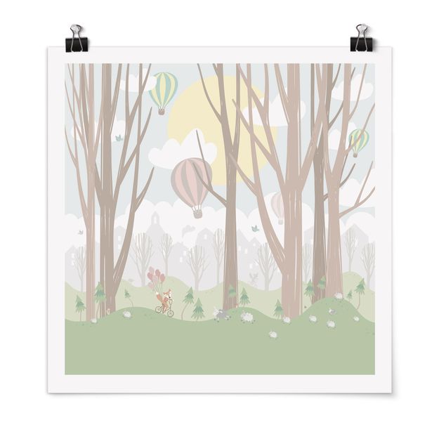 Poster - Sonne mit Bäumen und Heißluftballons - Quadrat 1:1