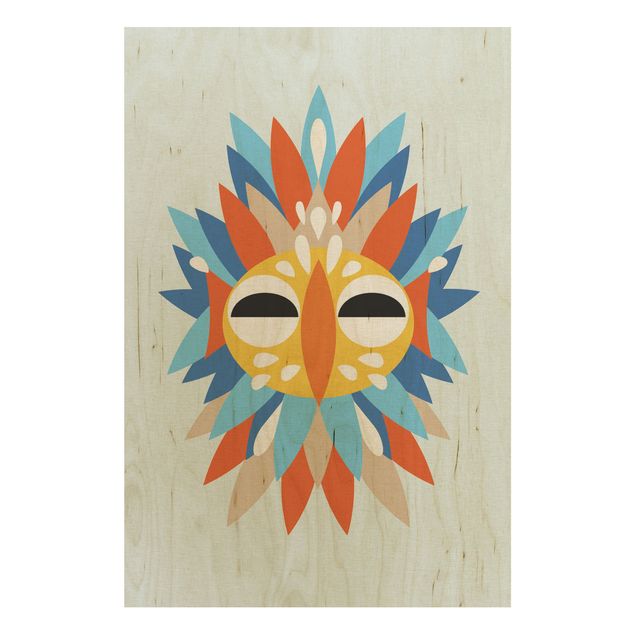Holzbild - Collage Ethno Maske - Papagei - Hochformat 3:2