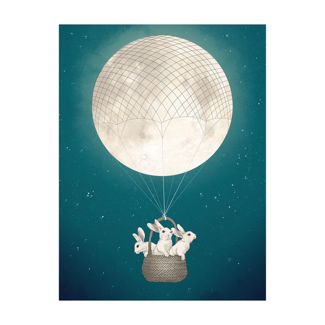 Vinyl-Teppich - Laura Graves - Illustration Hasen Mond-Heißluftballon Sternenhimmel - Hochformat 3:4