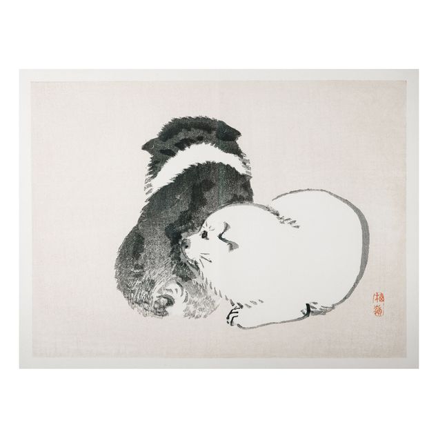 Aluminium Print gebürstet - Asiatische Vintage Zeichnung Schwarze und weiße Hündchen - Querformat 3:4