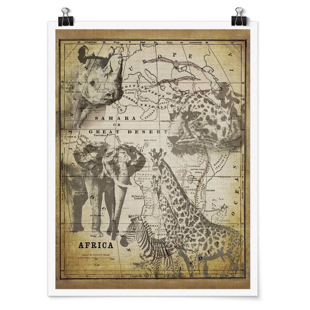 Poster - Vintage Collage - Africa Wildlife - Hochformat 4:3