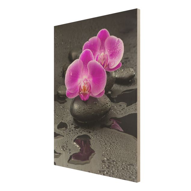 Holzbild - Pinke Orchideenblüten auf Steinen mit Tropfen - Hochformat 4:3