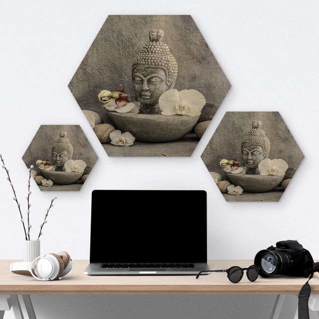 Hexagon Bild Holz - Zen Buddha, Orchideen und Steine