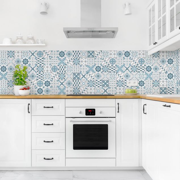 Küchenrückwand - Geometrischer Fliesenmix Blaugrau