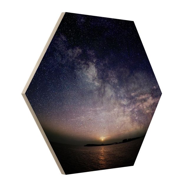 Hexagon Bild Holz - Sonne und Sternenhimmel am Meer