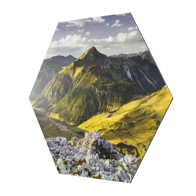 Hexagon Bild Alu-Dibond - Berge und Tal der Lechtaler Alpen in Tirol