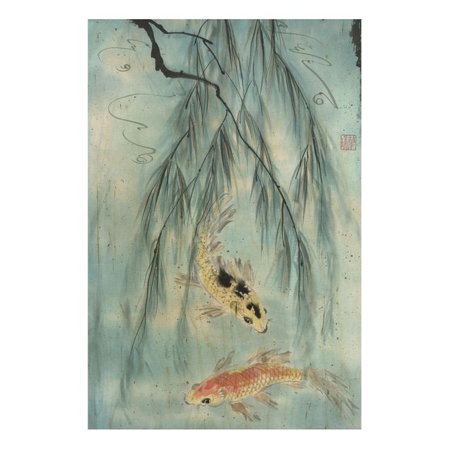Holzbild - Japanische Aquarell Zeichnung Goldfische II - Hochformat 3:2