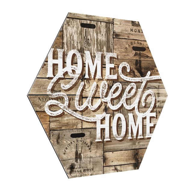 Hexagon Bild Alu-Dibond - Home sweet Home Holzwand