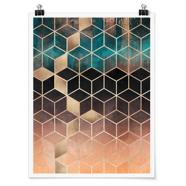 Poster - Türkis Rosé goldene Geometrie - Hochformat 4:3