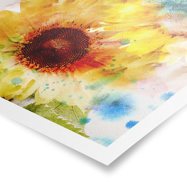 Poster - Aquarell Blumen Sonnenblumen - Hochformat 3:4