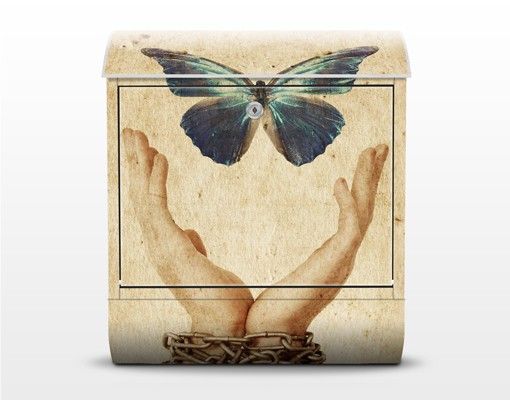 Briefkasten Vintage - Flieg, Schmetterling! - Briefkasten Beige mit Zeitungsrolle