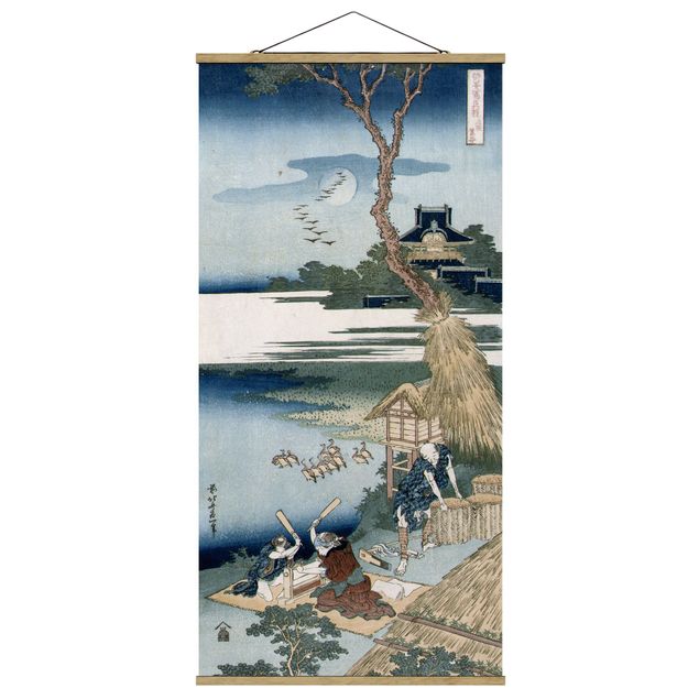 Stoffbild mit Posterleisten - Katsushika Hokusai - Bauernfamilie schlägt Wäsche - Hochformat 1:2