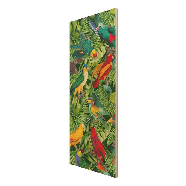 Holzbild - Bunte Collage - Papageien im Dschungel - Panel